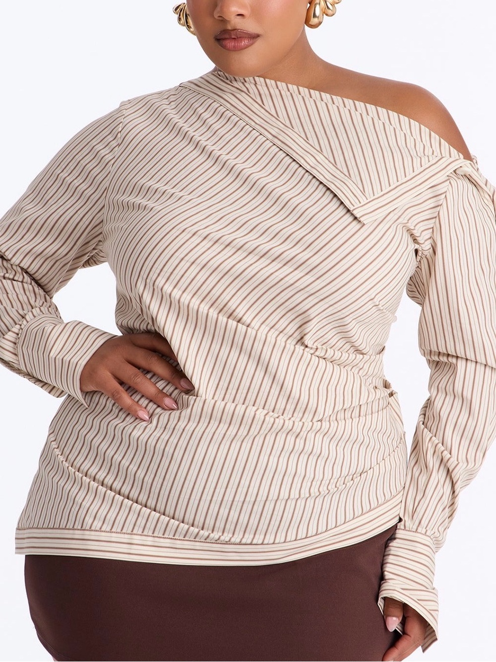 Fashion Nova Cream and Brown Striped One-Shoulder Top
